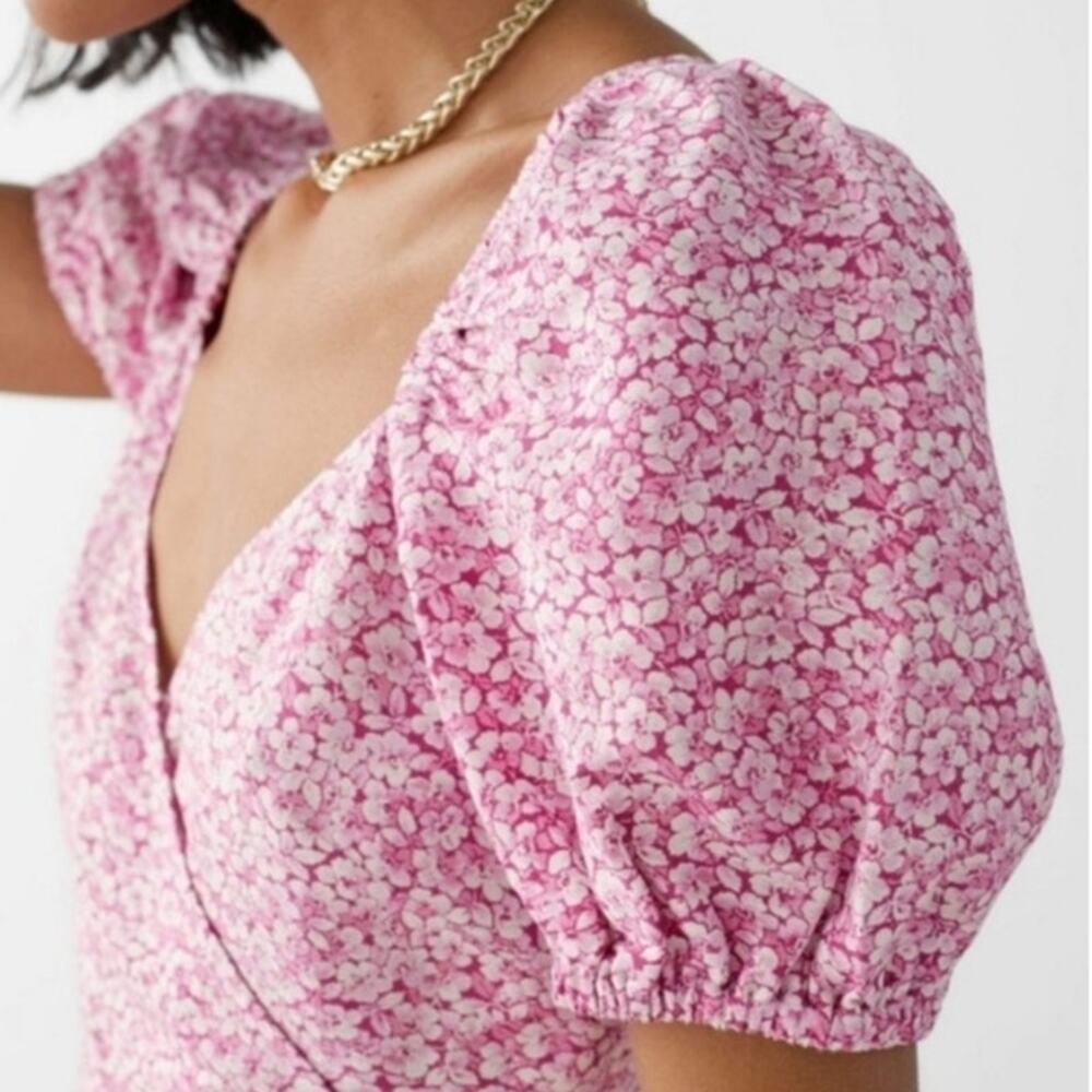 & Other Stories Floral Puff Sleeve Mini Dress Linen Blend Pink White Fitted 8 - Picture 5 of 16